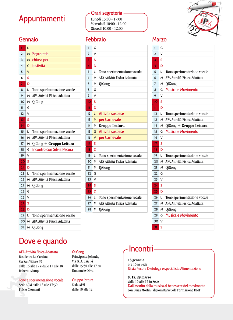 programma gennaio, febbraio, marzo 2018