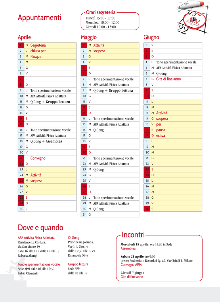 programma aprile, maggio e giugno 2018