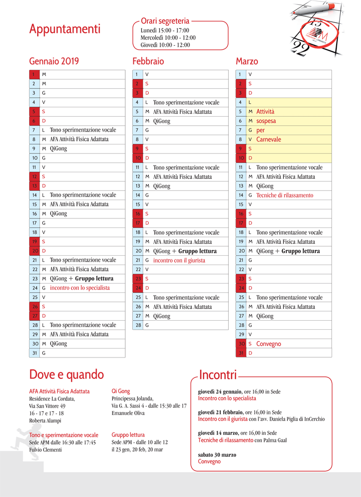 attivita gennaio, febbraio, marzo 2019